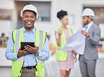 Engineer portrait, tablet and smile of black man at construction site for development in city. Architecture, technology and male architect with touchscreen for maintenance, inspection or research.