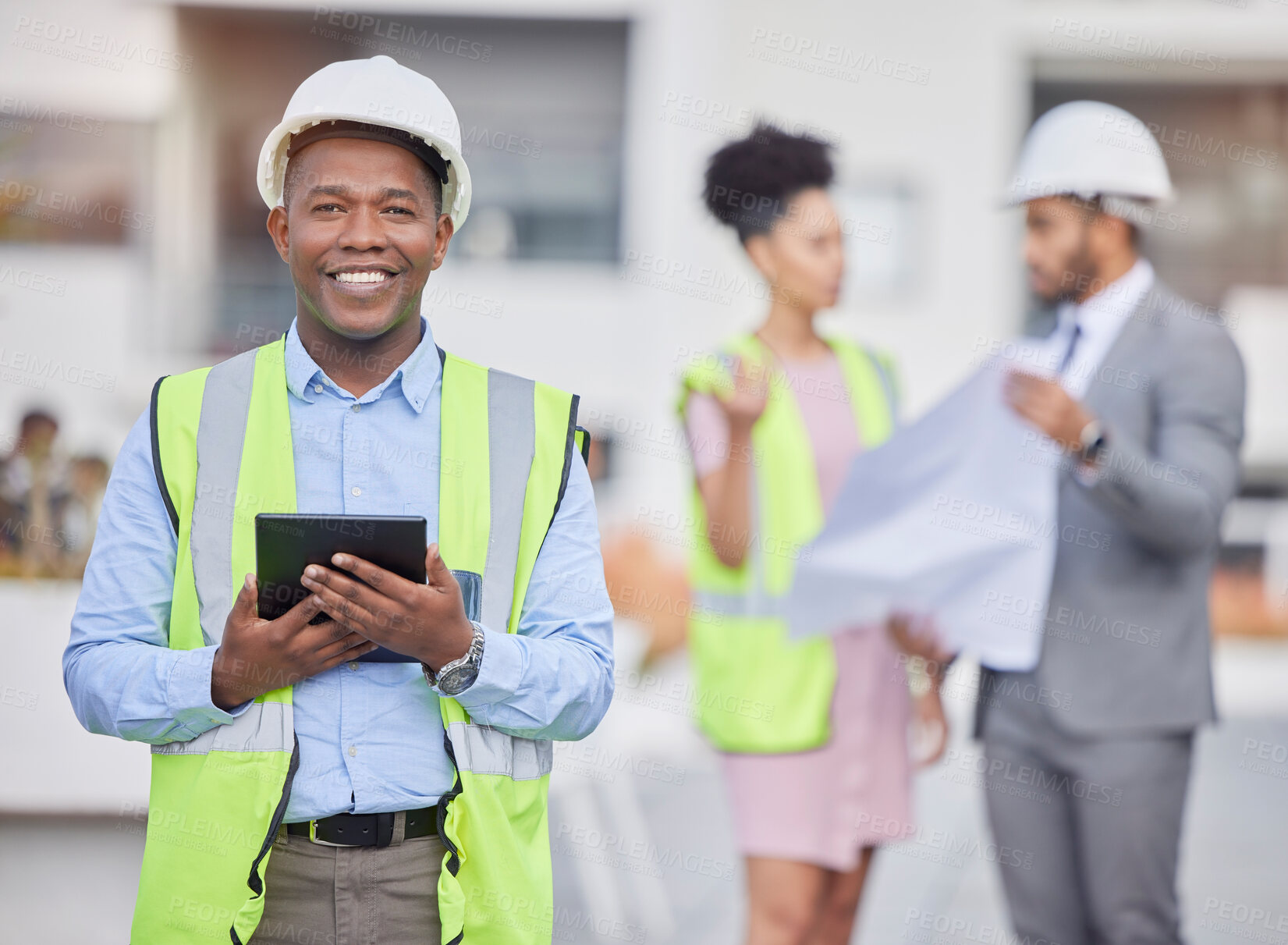 Buy stock photo Engineer portrait, tablet and smile of black man at construction site for development in city. Architecture, technology and male architect with touchscreen for maintenance, inspection or research.