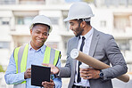 Engineering, teamwork and men with tablet at construction site for development in city. Architecture, collaboration and happy black man, manager or architect people laughing and planning project.