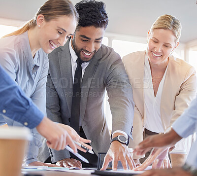 Buy stock photo Meeting, teamwork and business people with documents in office planning strategy. Collaboration, laughing and smile of happy group of employees with paperwork to discuss sales project in workplace.