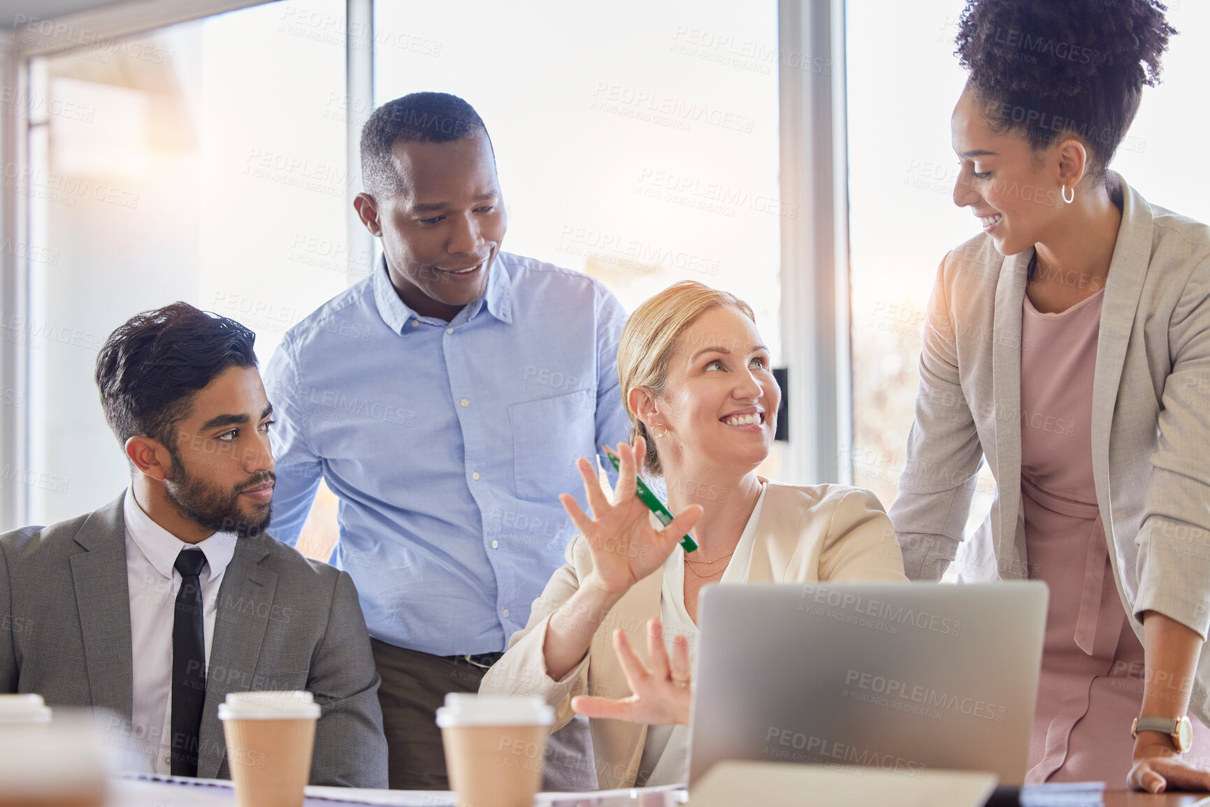 Buy stock photo Teamwork, meeting and business people in office laughing, talking or conversation. Collaboration, comic and smile of happy group of employees, friends and women discussing sales project in workplace.