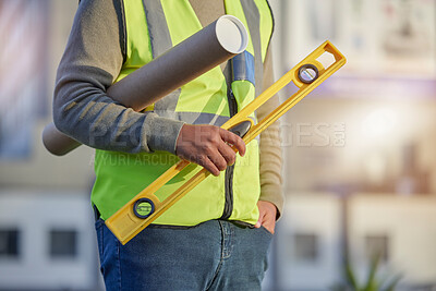 Buy stock photo Man hands, level and architect blueprint, real estate developer or property contractor for building development. Civil engineering, architecture or construction worker with infrastructure floor plan