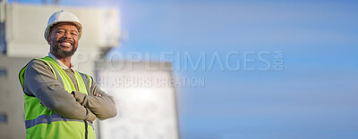 Buy stock photo Architect portrait, proud and happy black man, real estate developer or property contractor with pride in career. Architecture engineering, mockup sky or construction worker success with crossed arms