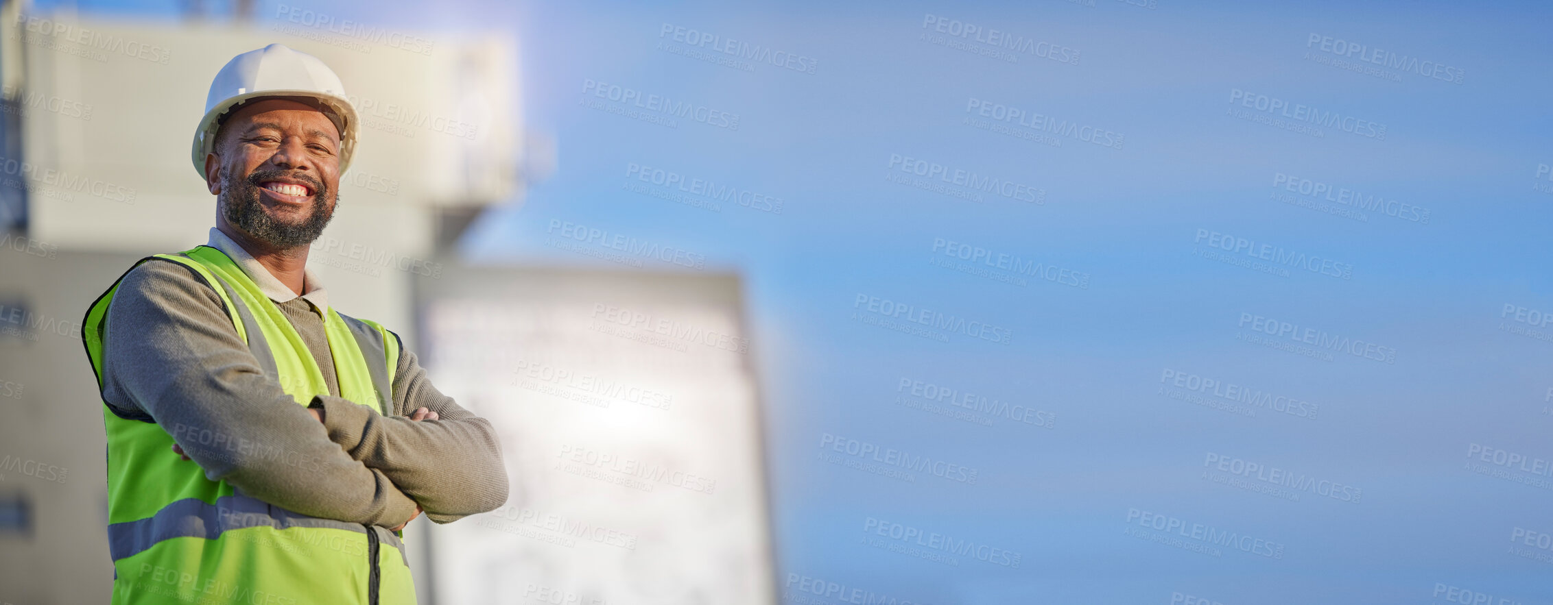 Buy stock photo Architect portrait, proud and happy black man, real estate developer or property contractor with pride in career. Architecture engineering, mockup sky or construction worker success with crossed arms