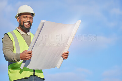 Buy stock photo Mockup, black man and architect with blueprints, outdoor and construction for real estate, document and planning. African American male manager, inspector or leader with smile, engineer or contractor