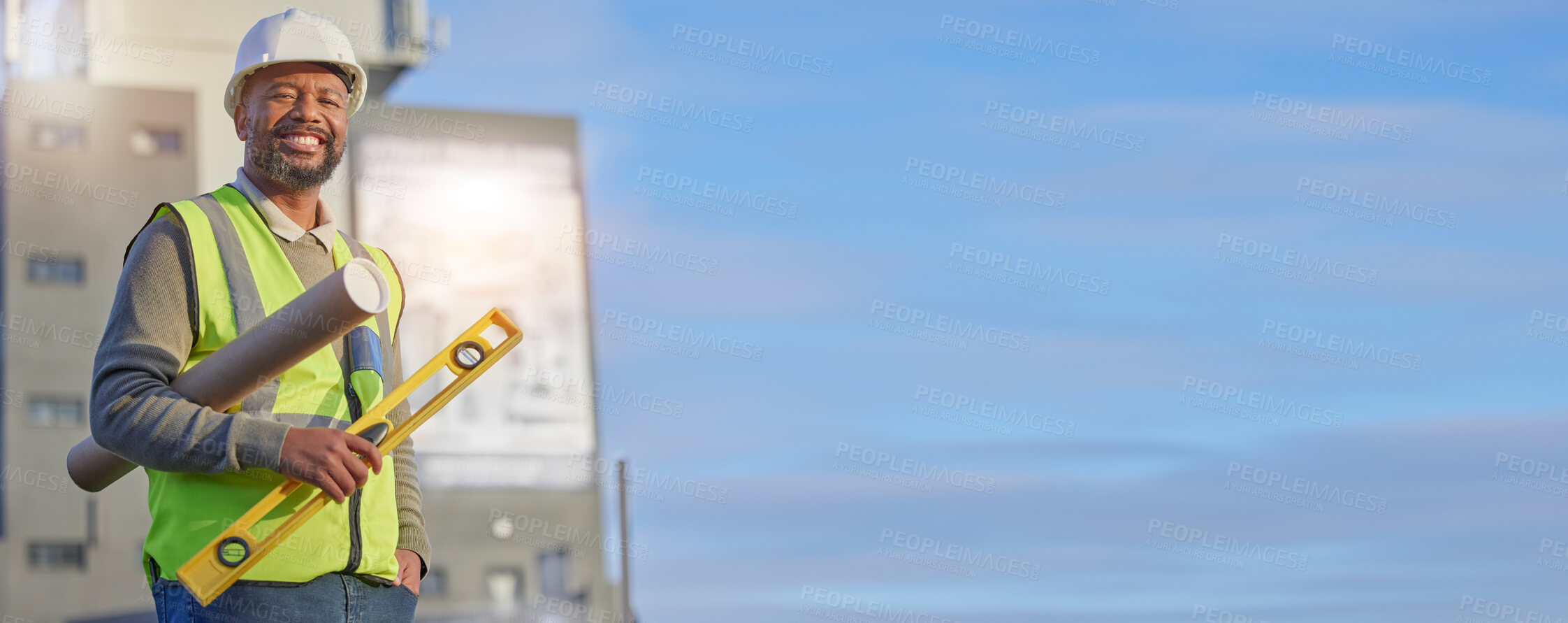 Buy stock photo Black man, architect and construction worker with blueprint and infrastructure renovation, building industry and outdoor. Mockup, blueprint and helmet for safety, happy male contractor and project