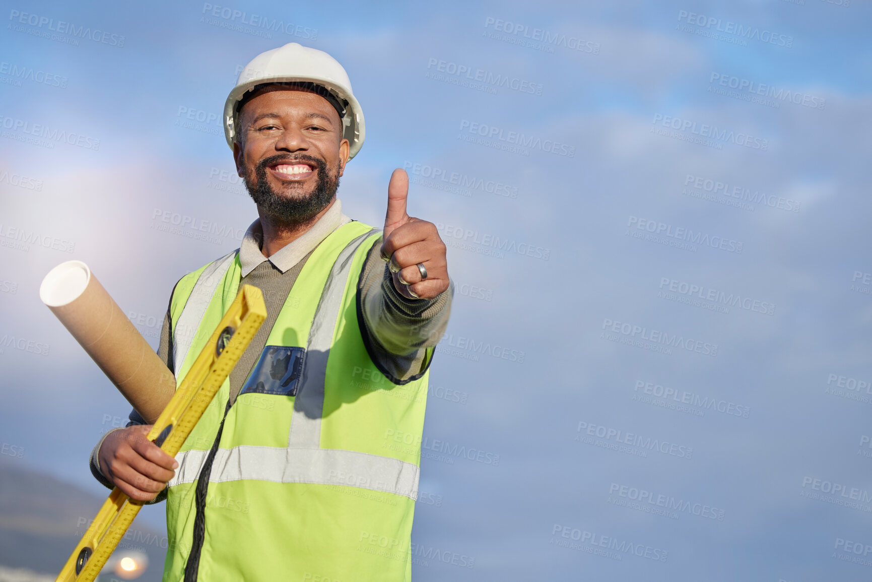 Buy stock photo Black man, architect and construction with blueprint and thumbs up, infrastructure and builder with success. Mockup, blueprint and helmet for safety, happy male contractor with agreement in portrait