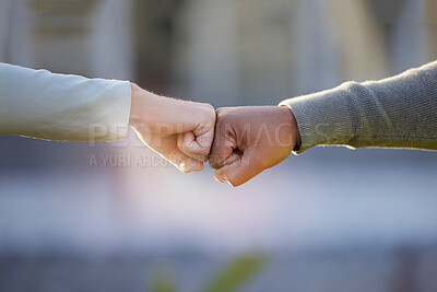 Buy stock photo Motivation, support and people with a fist bump for partnership, goal and teamwork. Thank you, community and friends with a hand gesture for collaboration, connection and solidarity in the city