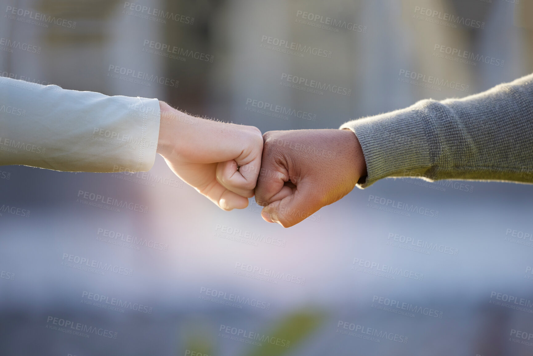 Buy stock photo Motivation, support and people with a fist bump for partnership, goal and teamwork. Thank you, community and friends with a hand gesture for collaboration, connection and solidarity in the city