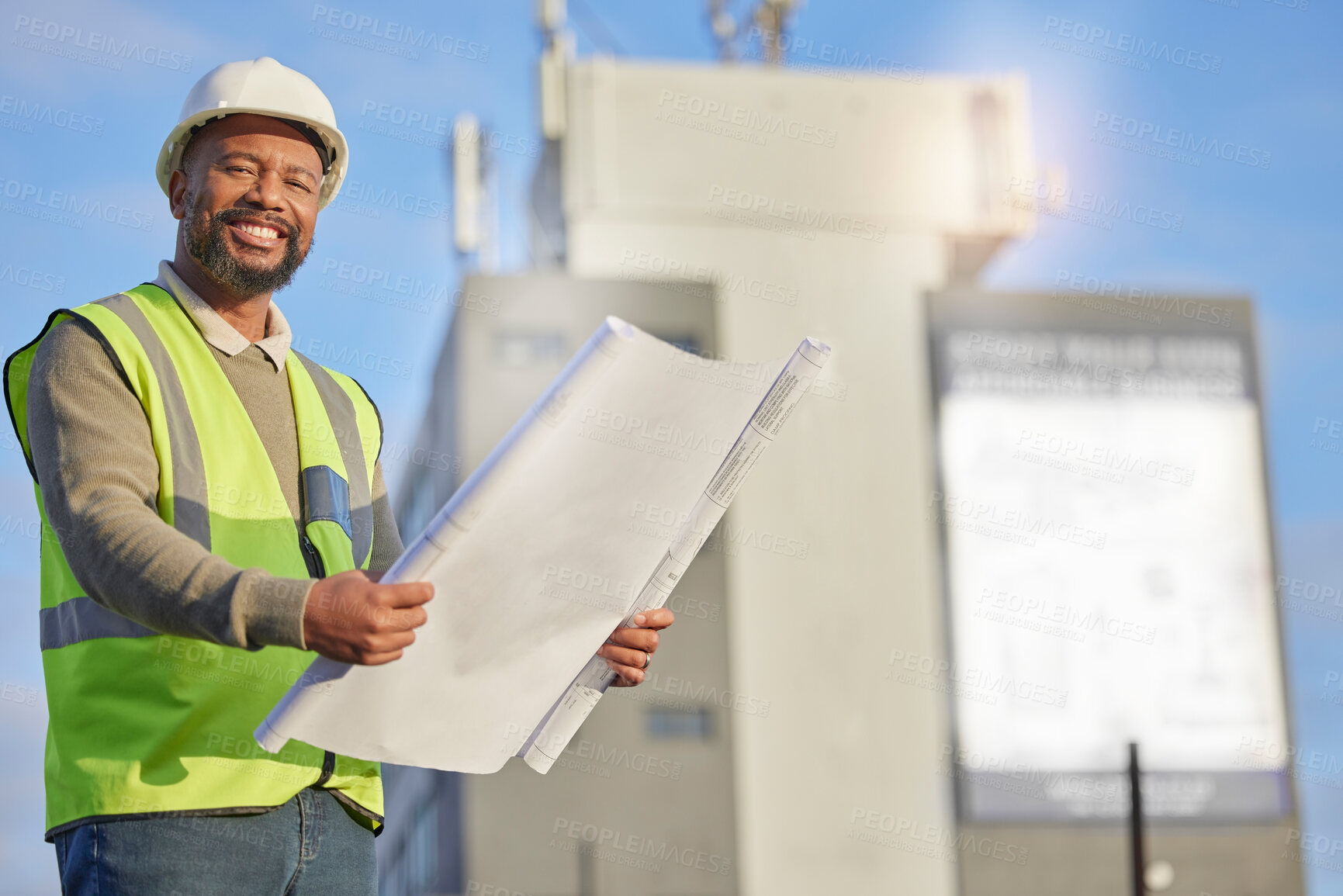 Buy stock photo Portrait, black man and engineer with blueprints, outdoor and innovation for construction site, building and smile. Face, African male employee and architect with document, paperwork and contractor
