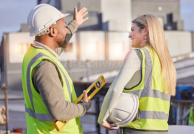 Buy stock photo Diversity collaboration, communication and architect teamwork on real estate building, architecture or project site. Back view, property developer and construction worker planning civil engineering 