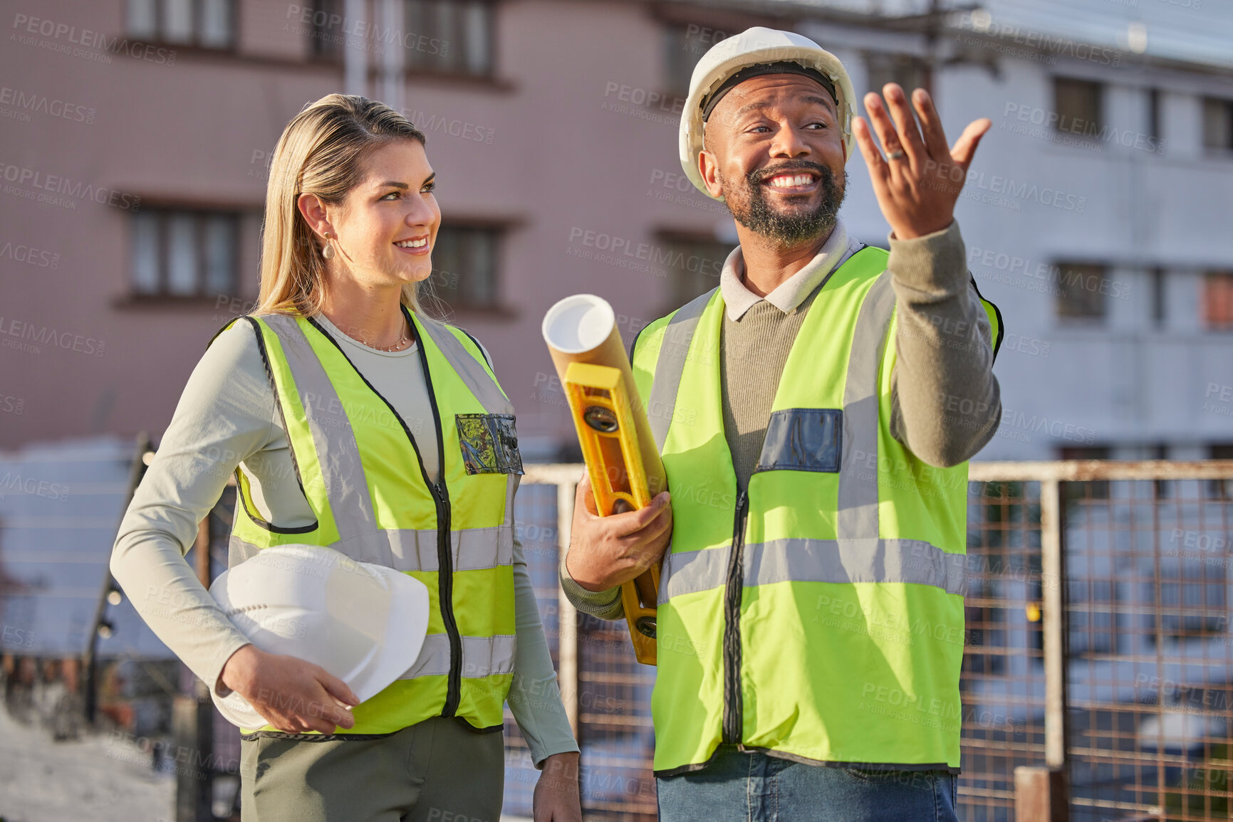 Buy stock photo Architect, construction site and employees with success, conversation and planning for new project. Engineer, man and woman with hard hat, outdoor and discussion for deadline, schedule and building