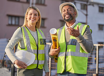 Buy stock photo Engineer, employees and discussion for teamwork, building and happiness for real estate. Architecture, male inspector and female supervisor with plan, inspection and hard hat with construction site