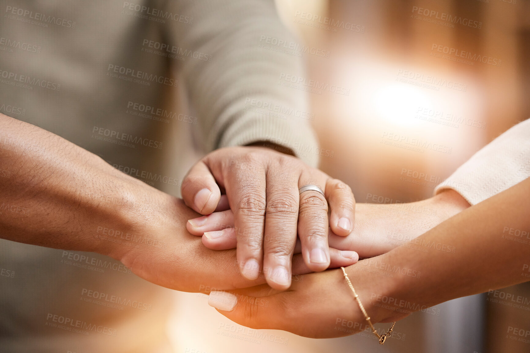 Buy stock photo Business people, hands together and unity in support, trust or teamwork collaboration at office. Group piling hand in team building for goal, motivation or success in union partnership or cooperation