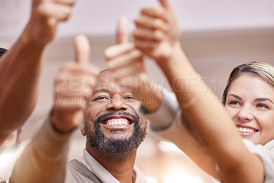 Buy stock photo Thumbs up, winning and group of people with thank you, support and diversity hands sign for solidarity, yes or like. Vote, goals and winner team or business staff teamwork, agreement and well done 