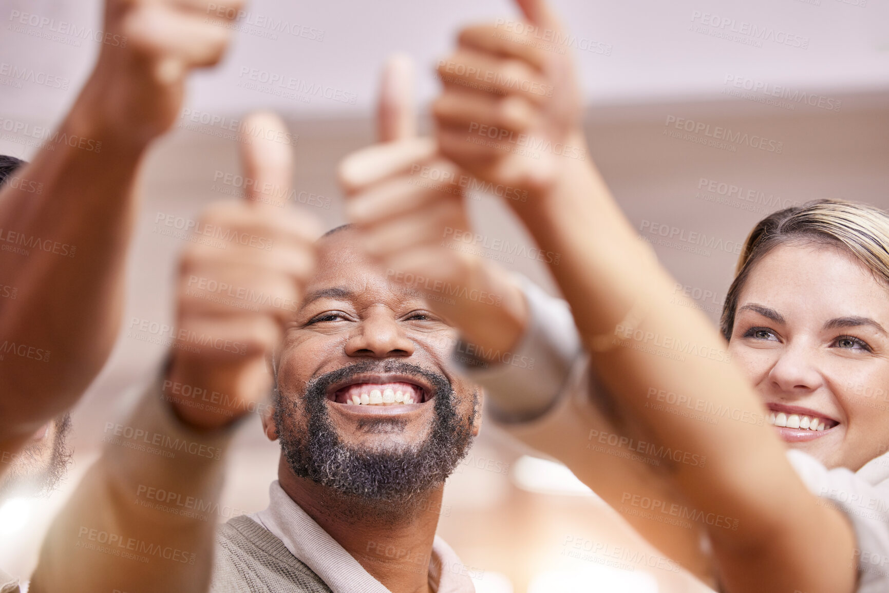 Buy stock photo Thumbs up, winning and group of people with thank you, support and diversity hands sign for solidarity, yes or like. Vote, goals and winner team or business staff teamwork, agreement and well done 