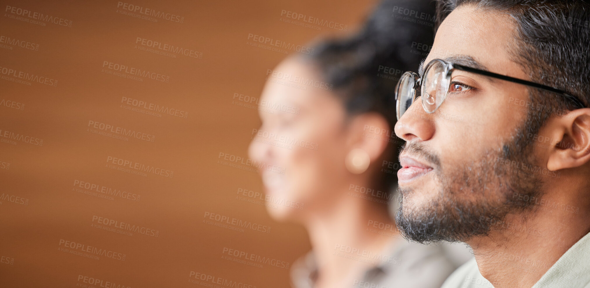 Buy stock photo Banner, looking and corporate businessman at work for vision, focus and professional executive. Thinking, focus and face of a serious employee in workplace for a meeting or seminar with mockup space