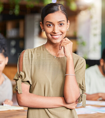 Buy stock photo Portrait, mindset and designer with a business woman in the office, standing as a leader with her team in the boardroom. Face, vision and mission with a young female employee looking confident