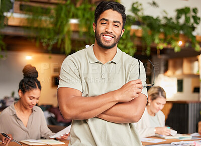 Buy stock photo Leadership, confidence and portrait of a happy man in the office standing with crossed arms. Company, creative and professional male advertising manager, ceo or employee with success in the workplace