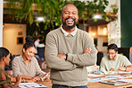 Black man, portrait smile and arms crossed in leadership for meeting, teamwork or brainstorming at office. Happy businessman, leader or coach smiling in management for team planning and collaboration