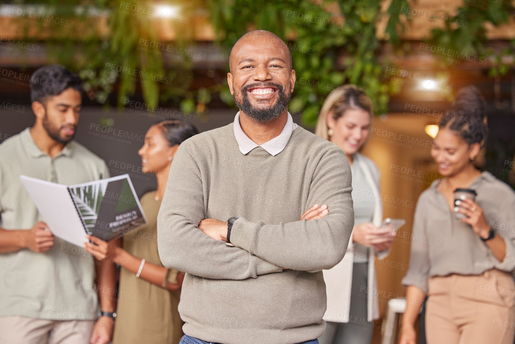 Buy stock photo Black man, portrait smile and arms crossed in leadership for meeting, teamwork or collaboration at office. Happy businessman, leader or coach smiling in management for team planning and brainstorming