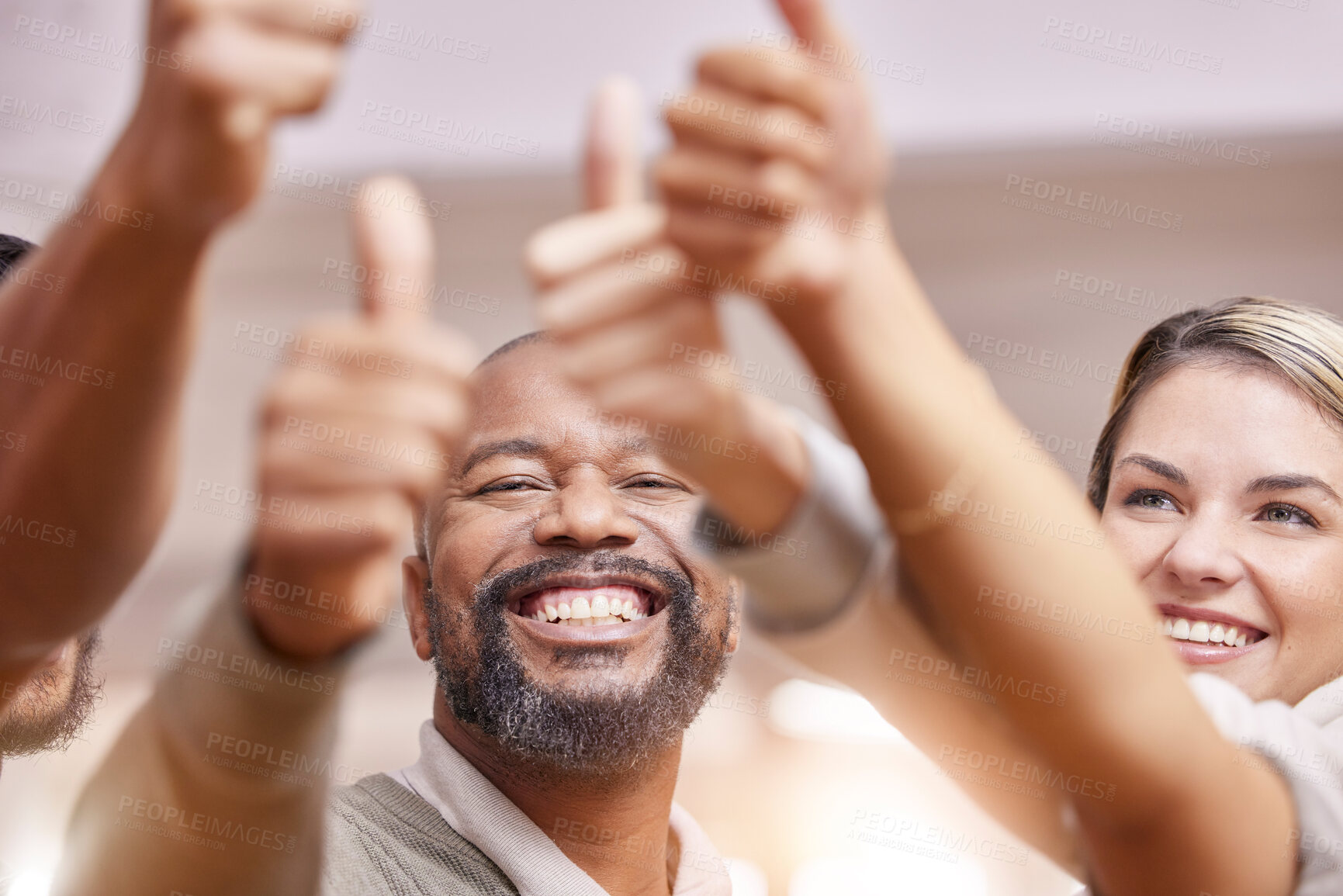 Buy stock photo Thumbs up, group support and happy people, thank you and diversity hands sign for solidarity, yes or like. Vote, winning and winner person or business employees teamwork, agreement and job well done 