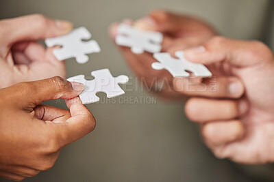 Buy stock photo Business people, hands and puzzle piece for collaboration, planning or team building strategy at office. Hand of group in teamwork for goal, support or motivation in cooperation for problem solving