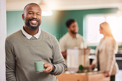 Buy stock photo Black man, portrait smile and leadership with coffee for meeting, teamwork or collaboration at office. Happy businessman, leader or coach smiling in management with cup in team planning at workplace