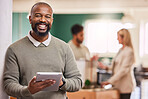 Black man, tablet and smile in portrait at startup, scroll device and happy with tech, communication and app. Social media, email and networking with businessman, web design or IT at digital agency