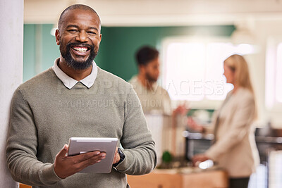 Buy stock photo Black man, tablet and smile in portrait at startup, scroll device and happy with tech, communication and app. Social media, email and networking with businessman, web design or IT at digital agency