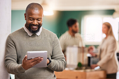 Buy stock photo Black man, scroll tablet and smile at startup, digital device and happiness with tech, communication and app. Social media, email and networking with businessman, web design or IT at marketing agency