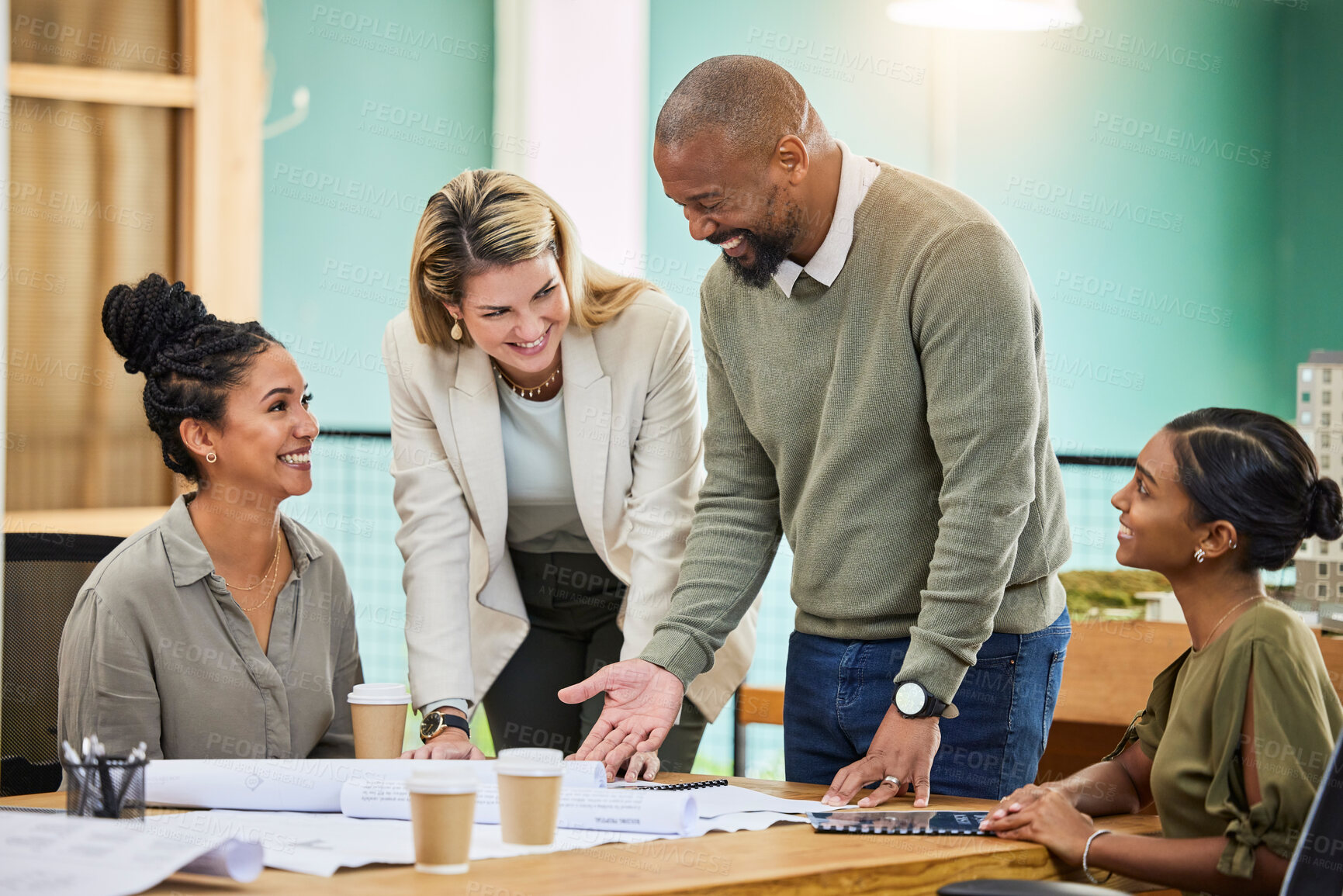 Buy stock photo Teamwork, planning and blueprint with people in meeting for architecture, designer and engineering. Collaboration, illustration and graphic with group of employee in office for project and floor plan