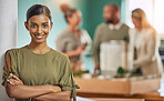 Woman, portrait smile and leadership with arms crossed for meeting, teamwork or collaboration at office. Happy businesswoman, leader or coach smiling in management for team planning at workplace