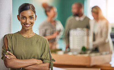 Buy stock photo Woman, portrait smile and leadership with arms crossed for meeting, teamwork or collaboration at office. Happy businesswoman, leader or coach smiling in management for team planning at workplace