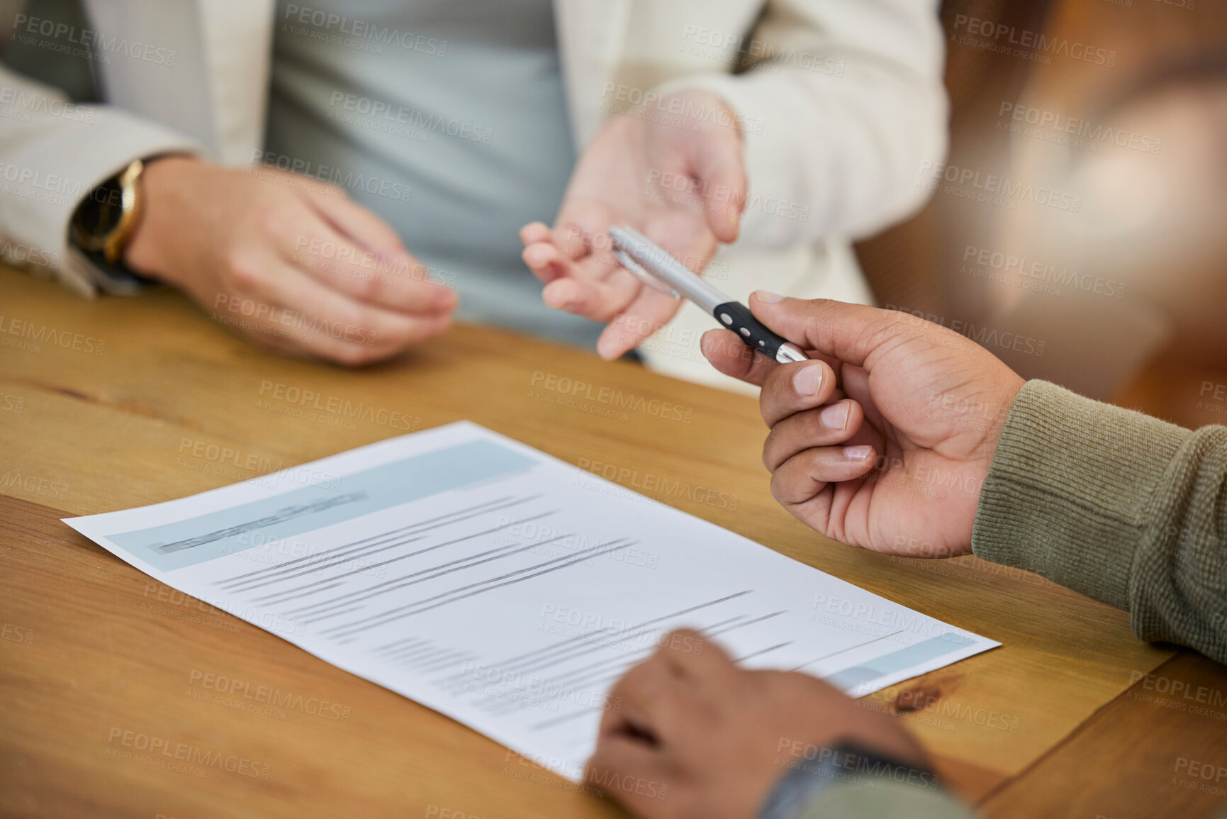 Buy stock photo Business, hands and contract with pen for signature, recruitment or hiring form on office desk. Hand of people in partnership meeting, b2b or application for legal approval or confirmation on table