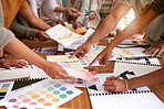 Color design, creative and hands of business people on desk for branding meeting, strategy and marketing logo. Teamwork, collaboration and designers brainstorming ideas, thinking and project plan