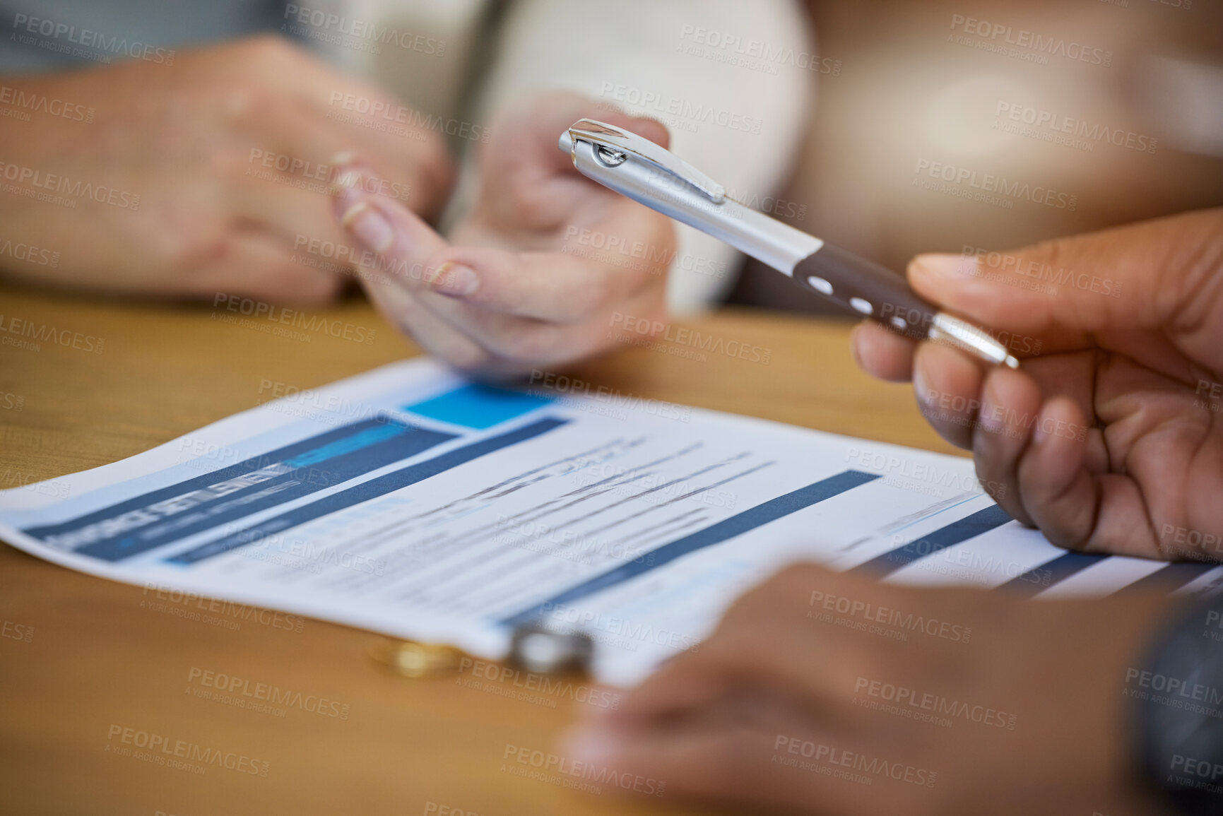 Buy stock photo Business, hands and contract with pen for signature, recruitment or hiring form on office desk. Hand of people in partnership, b2b or writing application for legal approval or confirmation on table