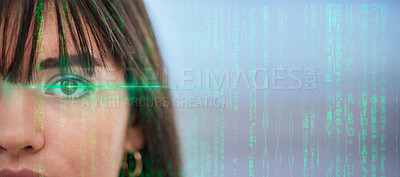 Buy stock photo Woman, eye and biometrics on hologram for cybersecurity, futuristic profiling or identity. Portrait of female face with optical lens for future facial recognition or sight in double exposure overlay