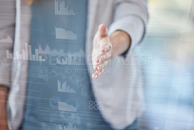 Buy stock photo Woman, handshake and meeting in b2b, greeting or partnership for thank you, welcome or introduction at office. Female employee shaking hands for deal, success or finance agreement on hologram overlay