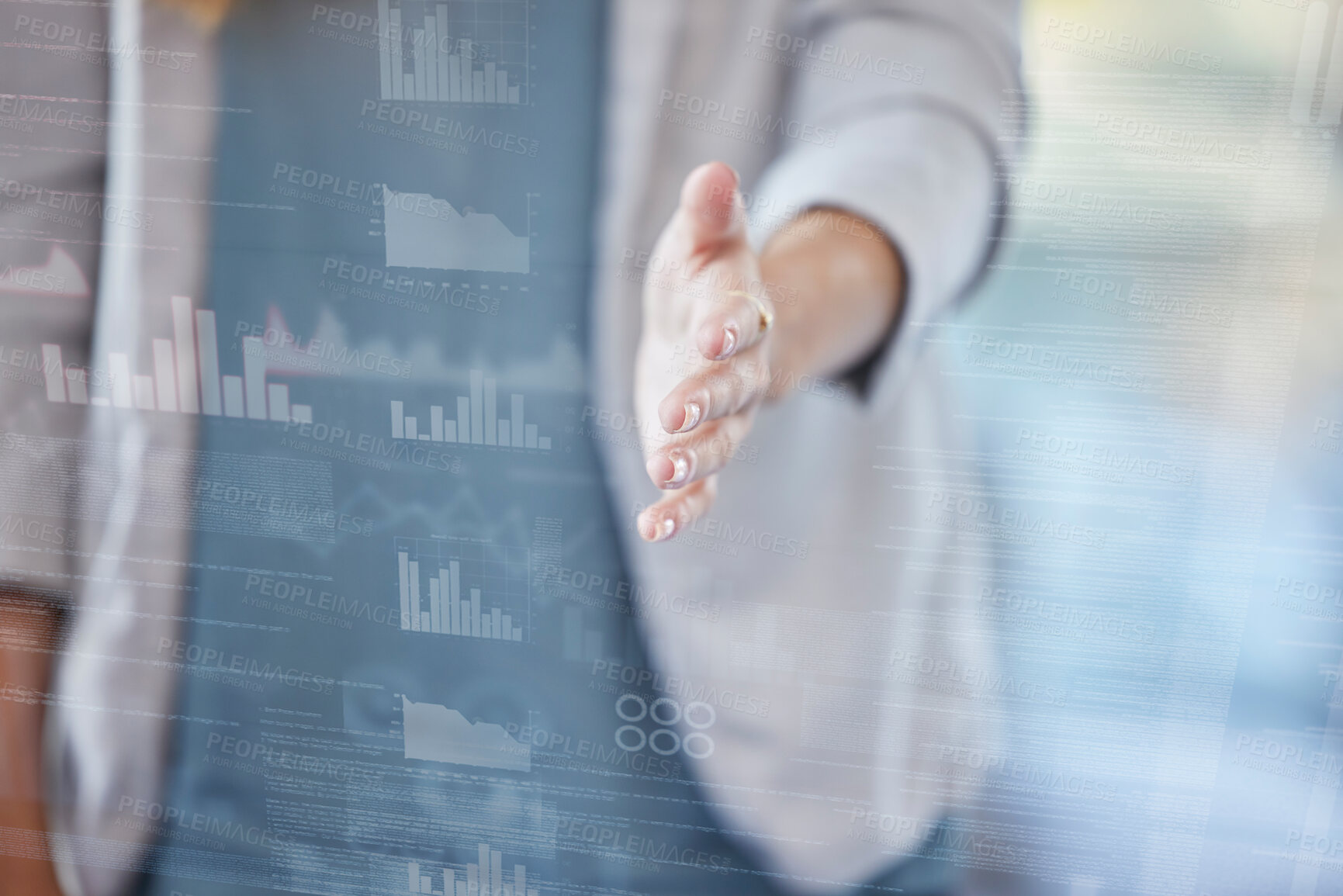 Buy stock photo Woman, handshake and meeting in b2b, greeting or partnership for thank you, welcome or introduction at office. Female employee shaking hands for deal, success or finance agreement on hologram overlay