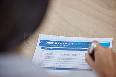 Buy stock photo Divorce documents, sign and woman hands for agreement, contract and legal paperwork on desk. Paper, breakup and marriage signature of person writing law information on print document and decision