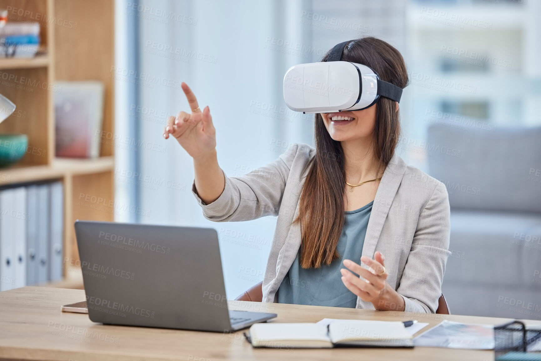 Buy stock photo Vr, virtual reality and business woman in metaverse with digital technology in office. 3d, ai and happy female entrepreneur with futuristic headset for gaming, internet browsing or fantasy simulation