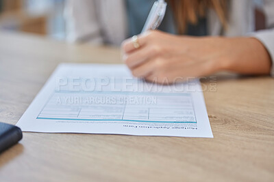 Buy stock photo Mortgage application, signature and woman hands for loan agreement, contract and legal documents on desk. Information, sign and person with paperwork for real estate law, compliance and policy rules 