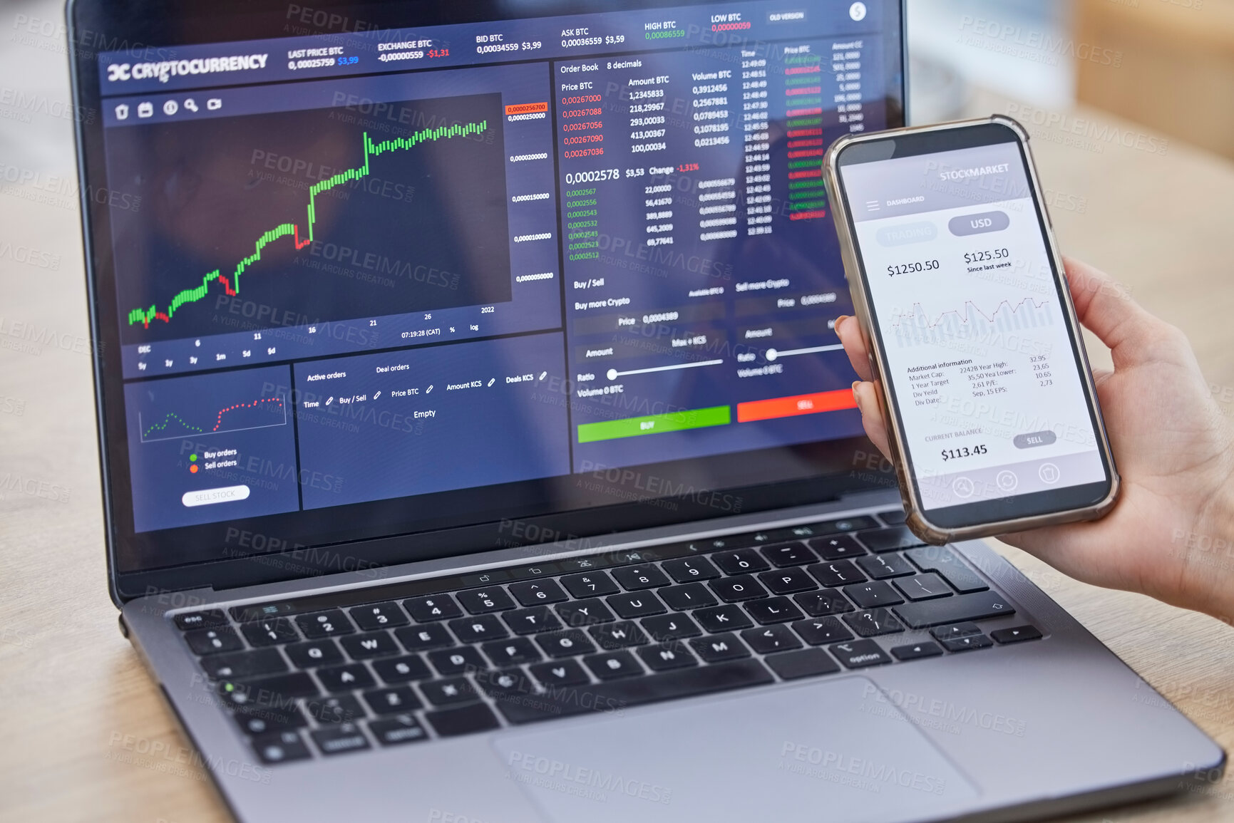 Buy stock photo Phone screen, laptop and hands trading on stock market in office for fintech, investment or cryptocurrency. Smartphone, ui data and business woman with mobile to invest with statistics or graphs.