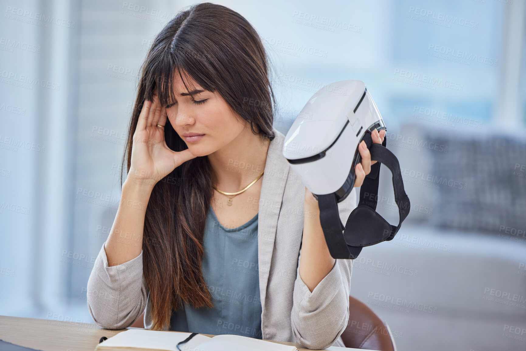 Buy stock photo Vr, stress or business woman with headache after exploring metaverse in office. Mental health, anxiety or female with migraine, pain or depression, fatigue or burnout after virtual reality experience