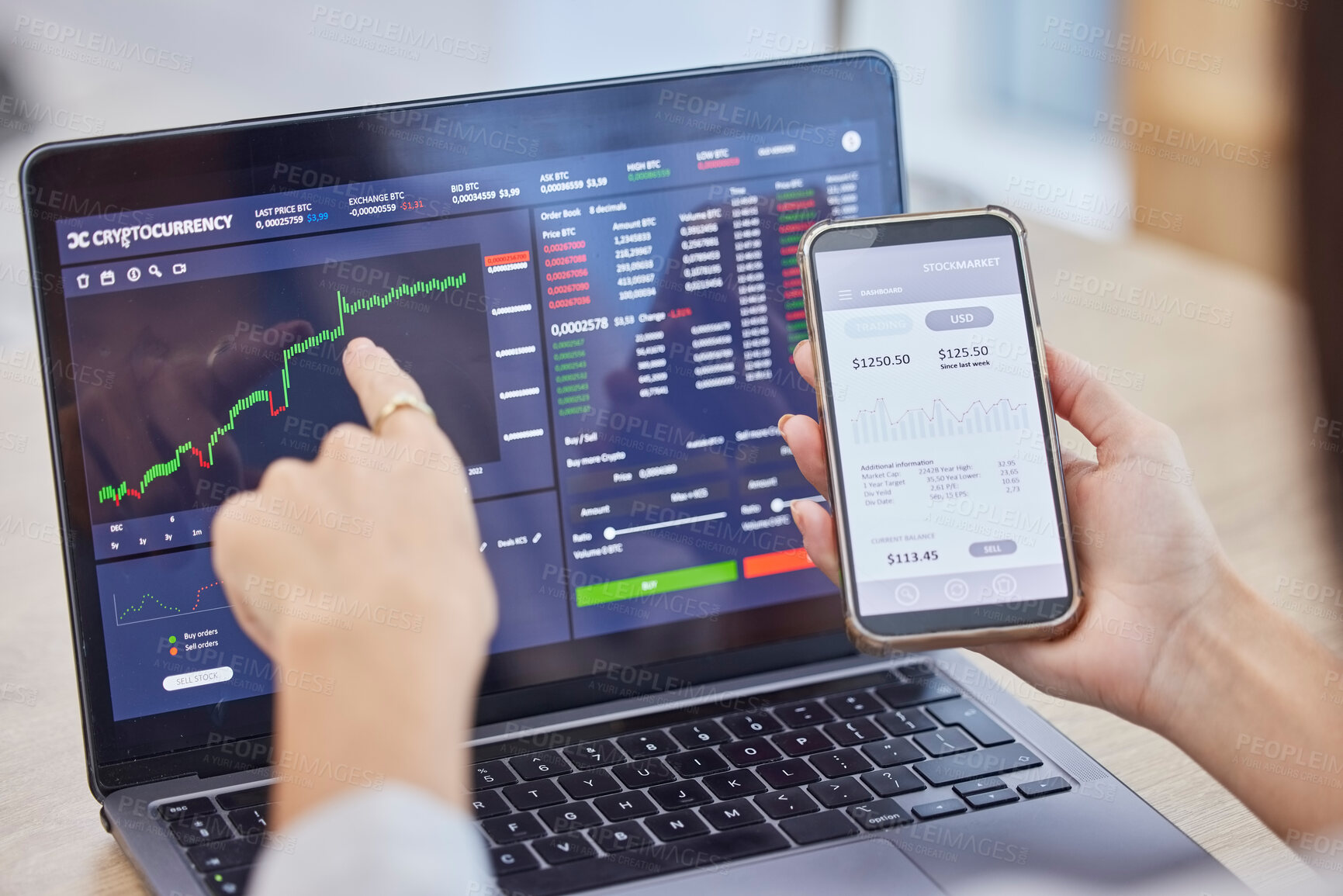 Buy stock photo Phone screen, laptop and hands trading on stock market in office for fintech, investment or cryptocurrency. Smartphone, ui pointing and business woman with mobile to invest with statistics or graphs.