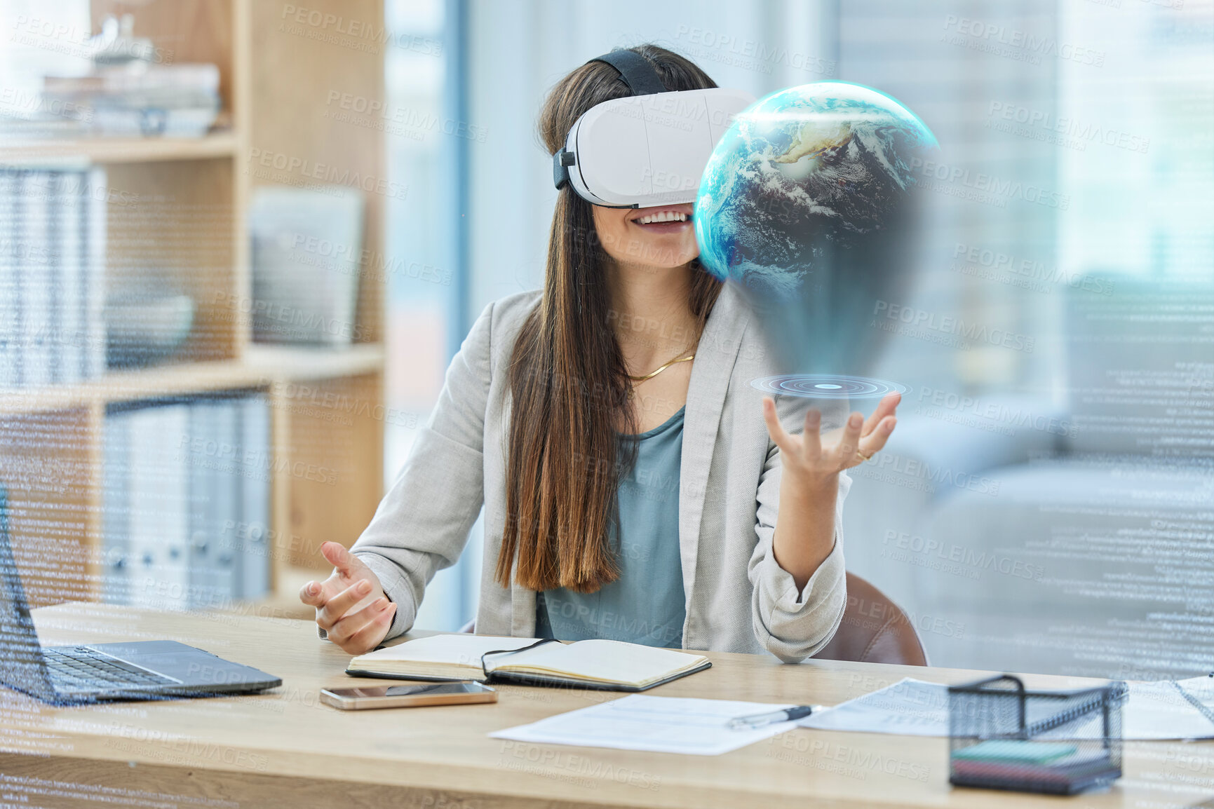 Buy stock photo Vr, 3d and business woman with earth, cyber planet or holographic world or overlay in office. Virtual reality, ai metaverse and happy female with futuristic globe for globalization or sustainability.