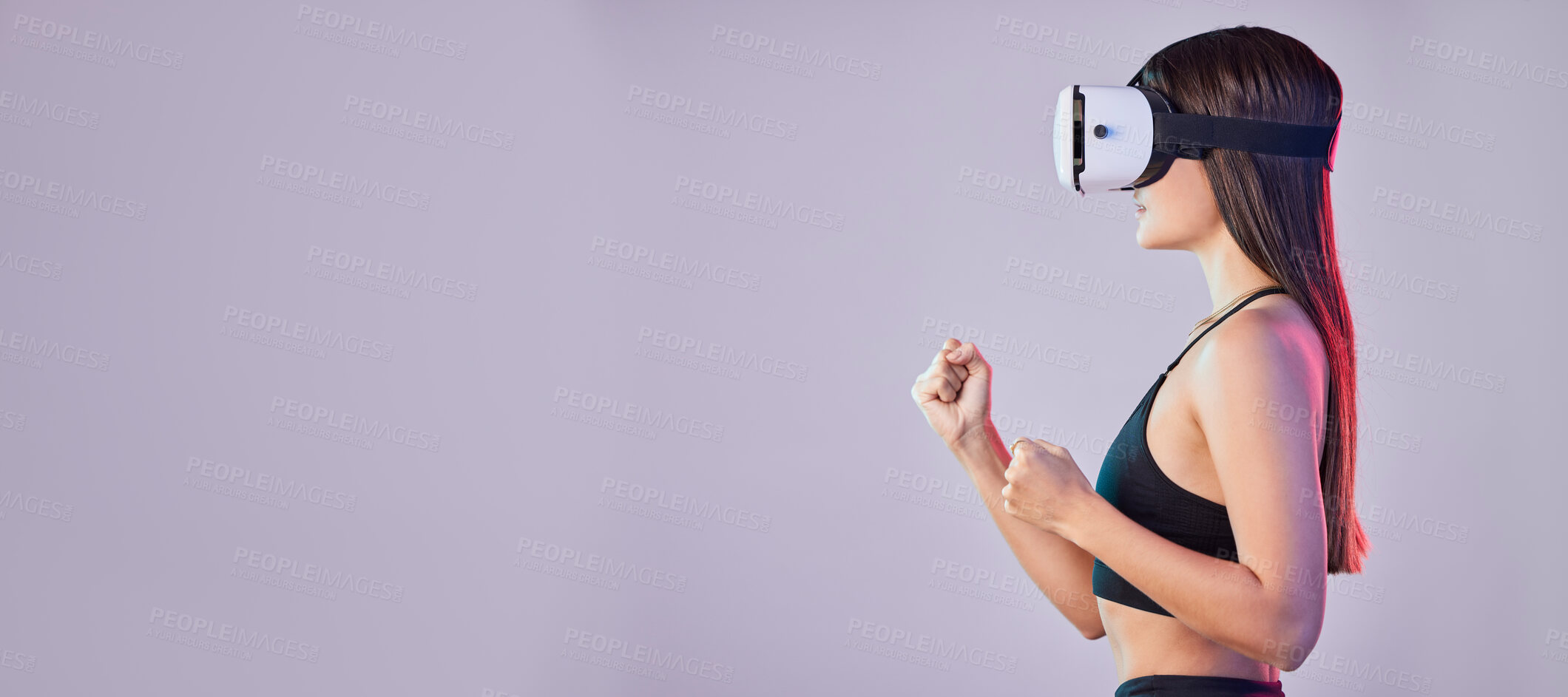 Buy stock photo Vr, fitness metaverse and woman in studio isolated on a purple background mockup. 3d gamer, virtual reality and female athlete with futuristic headset for gaming, fighting and fantasy simulation.