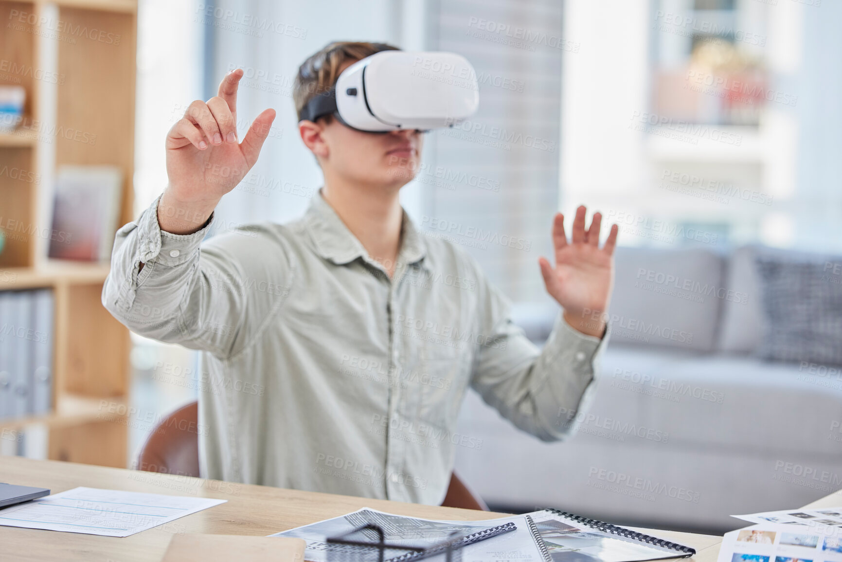 Buy stock photo Vr, virtual reality and business man in office exploring metaverse with digital technology. 3d, cyber ai and male employee with futuristic headset for gaming, internet browsing or fantasy simulation.