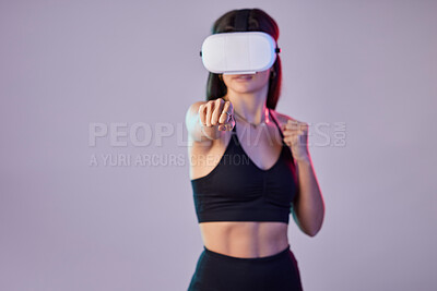 Buy stock photo Fitness, vr or girl boxer in metaverse on studio background digital gaming on cyber sports with mock up. Woman, fist or virtual reality user fighting or gamer boxing in futuristic 3d ai experience 